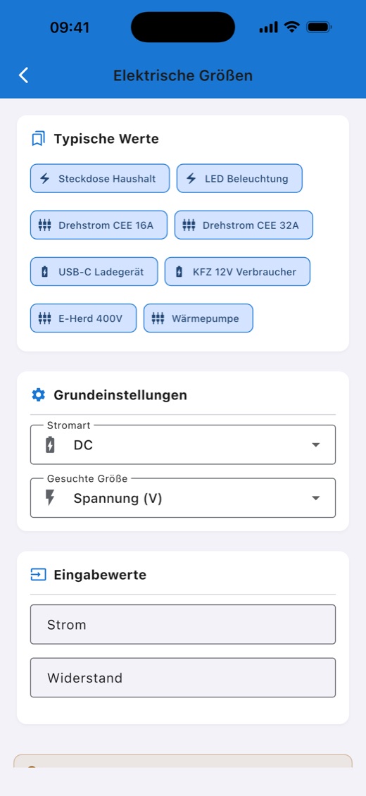 Rechner für elektrische Größen in CraftWerk mit typischen Werten wie Steckdose Haushalt, Drehstrom CEE 16A und Wärmepumpe
