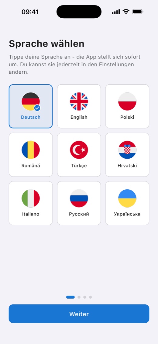 Sprachauswahl beim ersten Start von CraftWerk mit neun Flaggen: Deutsch, English, Polski, Română, Türkçe, Hrvatski, Italiano, Русский, Українська