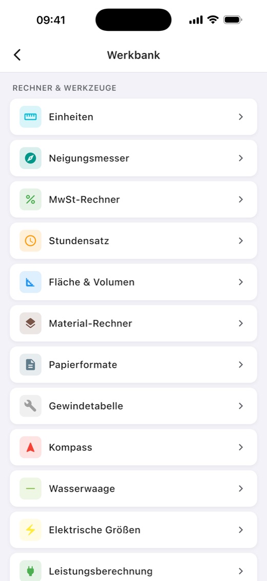 Die Werkbank in CraftWerk mit Rechnern und Werkzeugen wie Einheiten, Neigungsmesser, MwSt-Rechner, Stundensatz, Fläche und Volumen